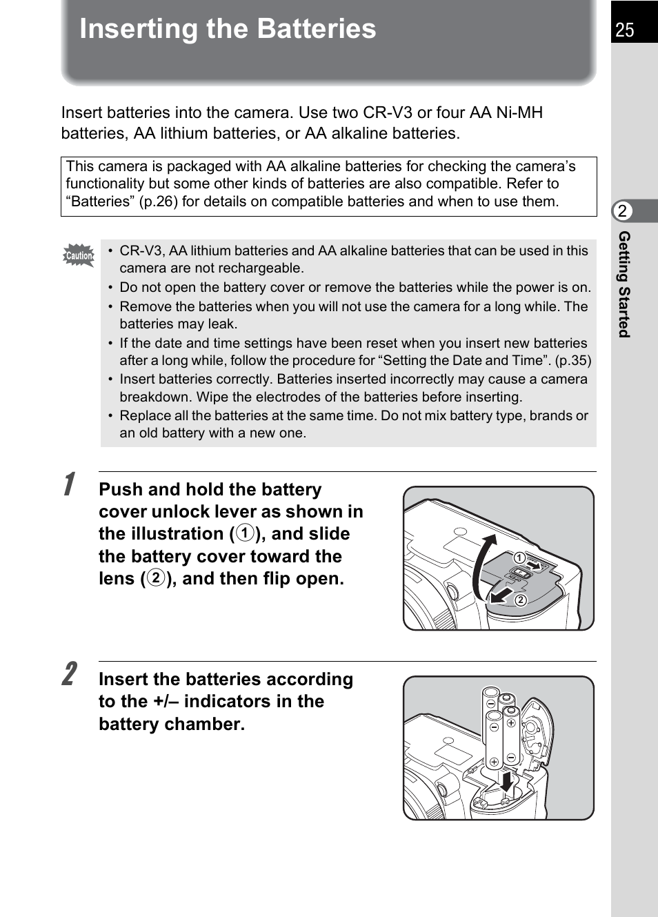 Inserting the batteries | Pentax K110D User Manual | Page 27 / 216