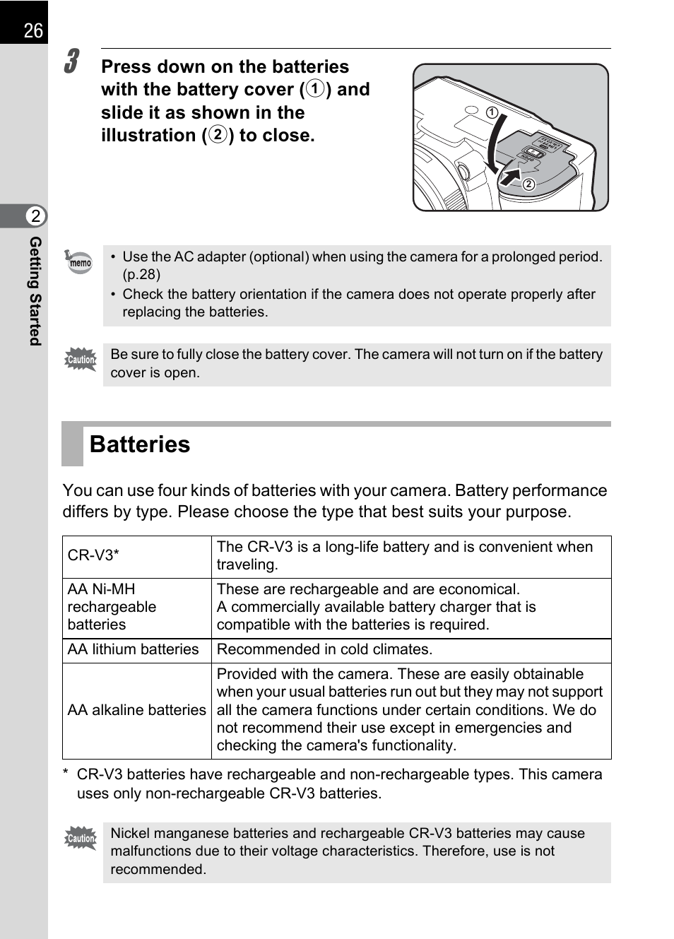 Batteries | Pentax K110D User Manual | Page 28 / 216