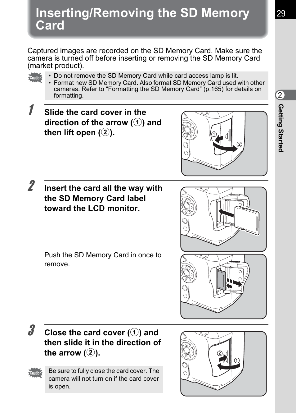 Inserting/removing the sd memory card | Pentax K110D User Manual | Page 31 / 216