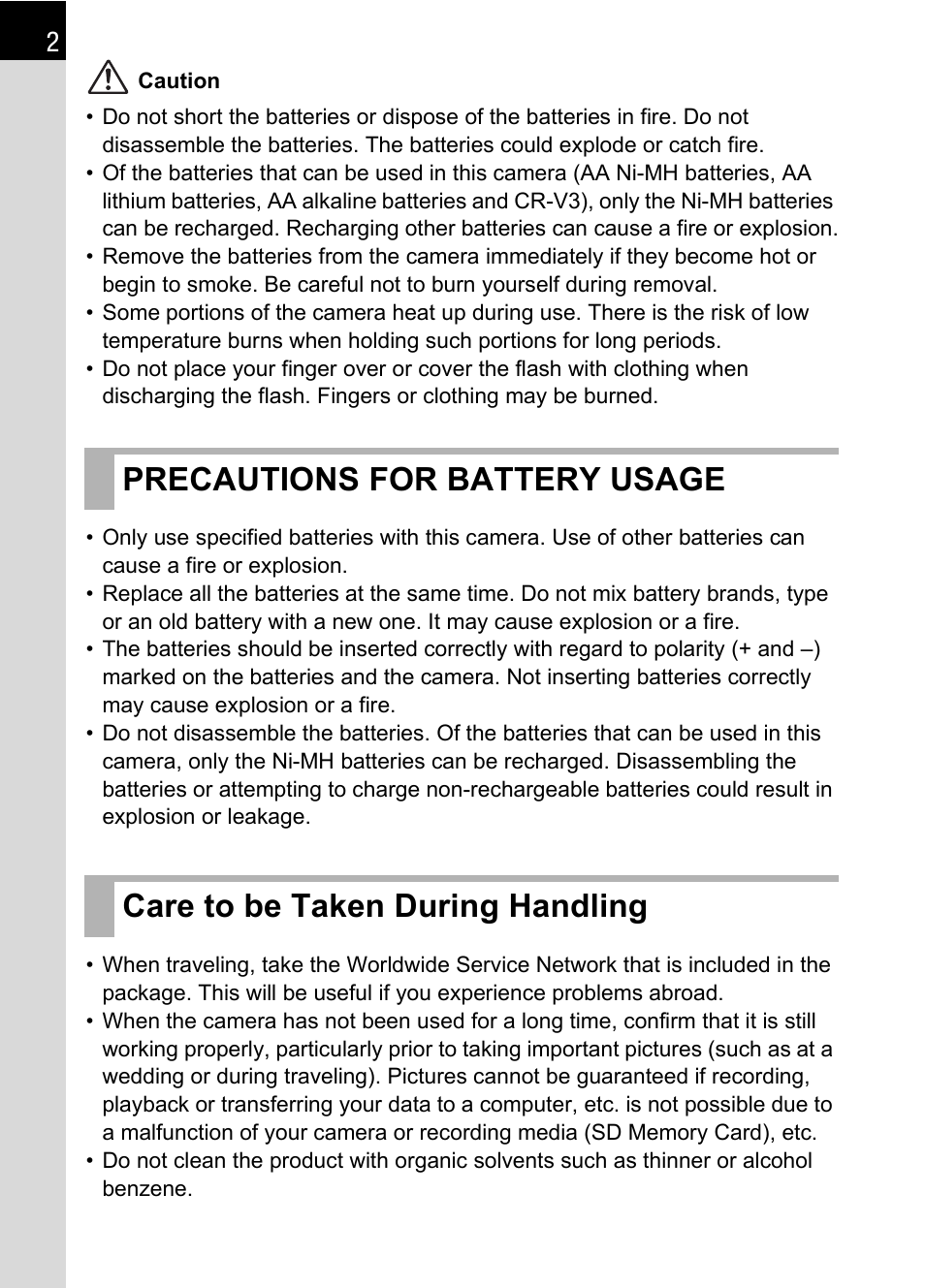 Precautions for battery usage, Care to be taken during handling | Pentax K110D User Manual | Page 4 / 216