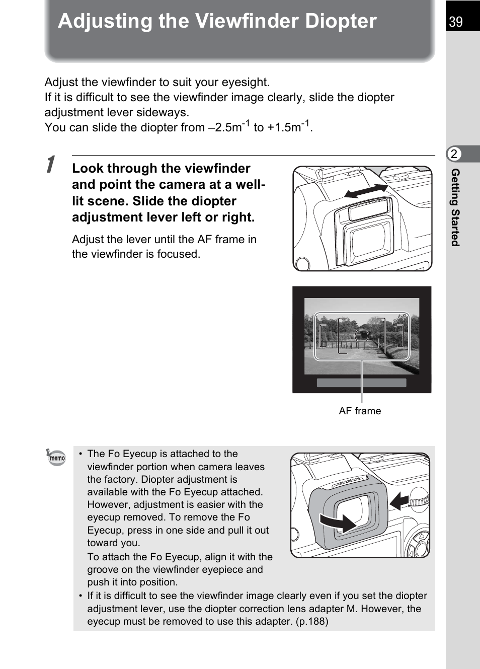 Adjusting the viewfinder diopter, E (p.39) | Pentax K110D User Manual | Page 41 / 216
