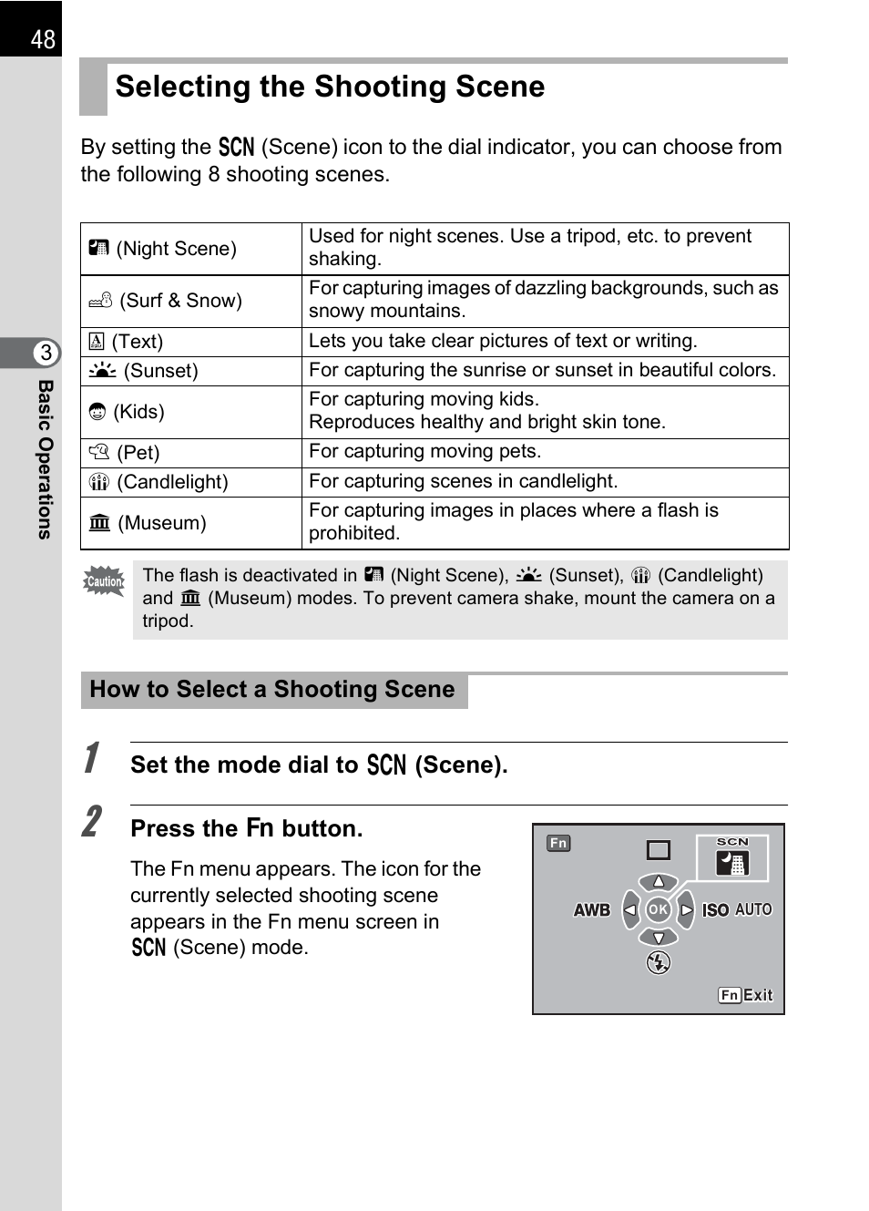 Selecting the shooting scene, Set the mode dial to h (scene), Press the { button | How to select a shooting scene | Pentax K110D User Manual | Page 50 / 216