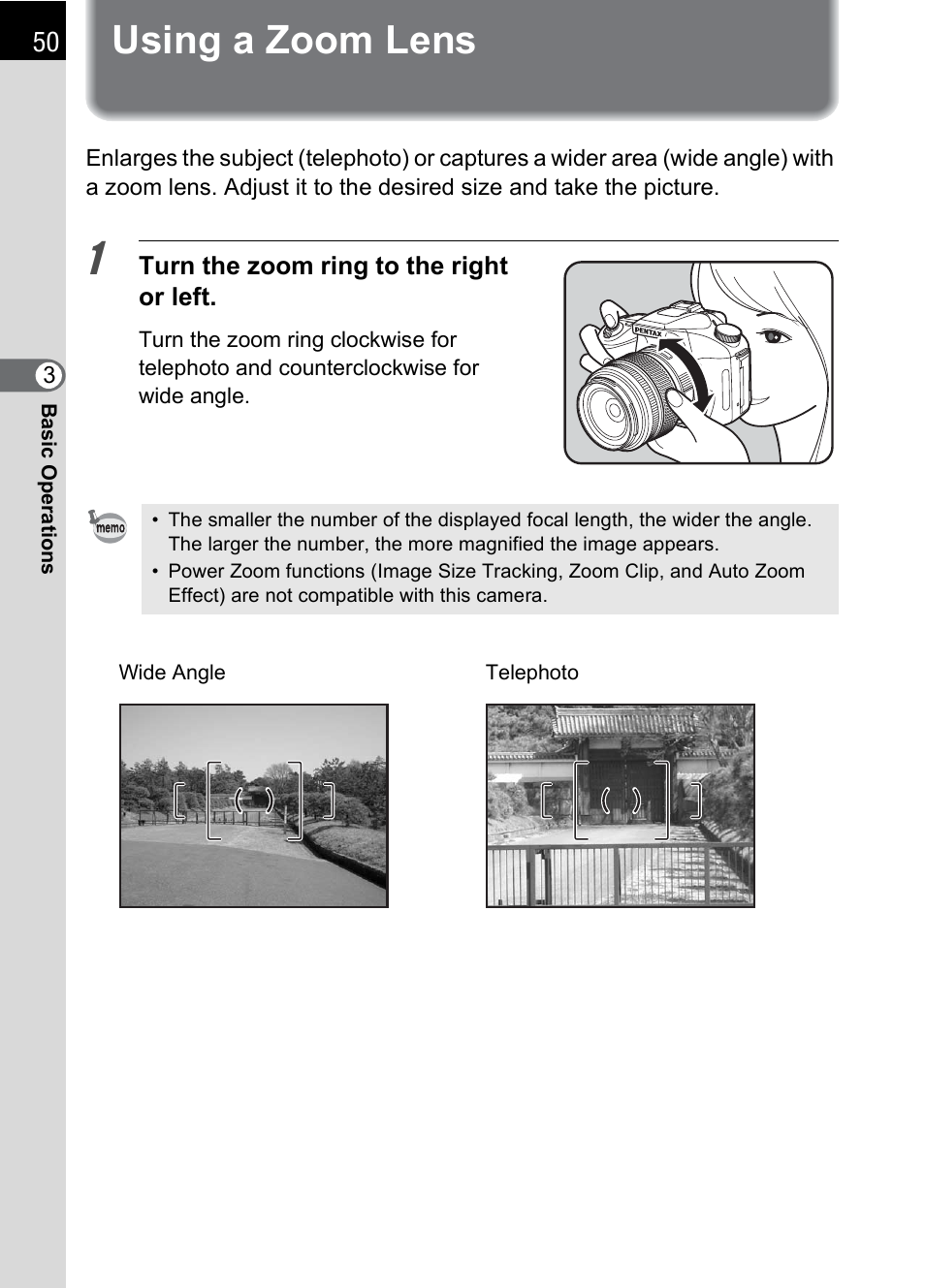 Using a zoom lens, Using a zoom lens (p.50) | Pentax K110D User Manual | Page 52 / 216