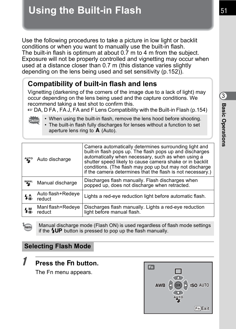 Using the built-in flash, P.51), Using the built-in flash (p.51) | Compatibility of built-in flash and lens, Press the { button, Selecting flash mode | Pentax K110D User Manual | Page 53 / 216