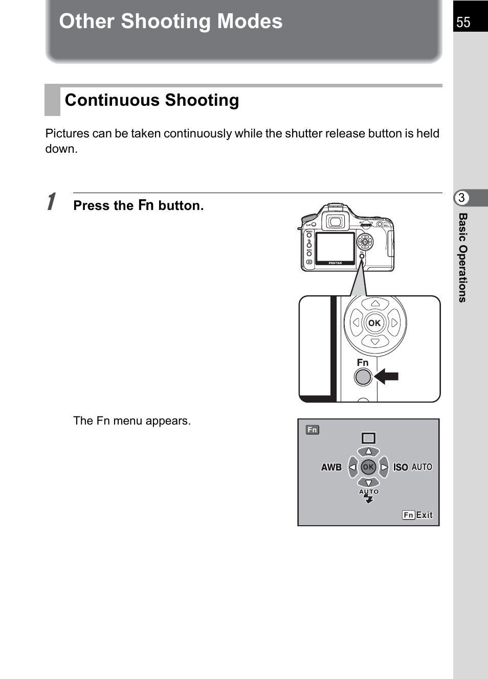 Other shooting modes, Continuous shooting, Press the { button | Pentax K110D User Manual | Page 57 / 216