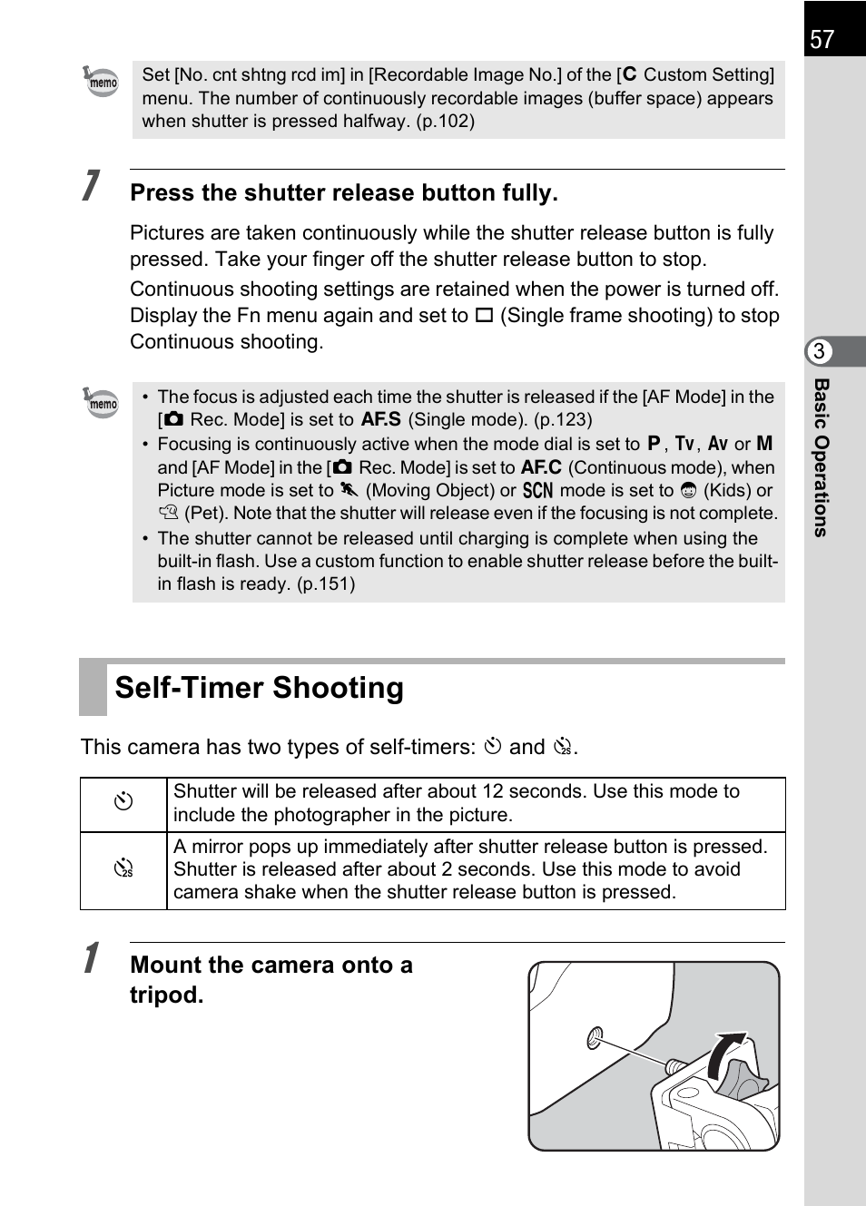 Self-timer shooting | Pentax K110D User Manual | Page 59 / 216