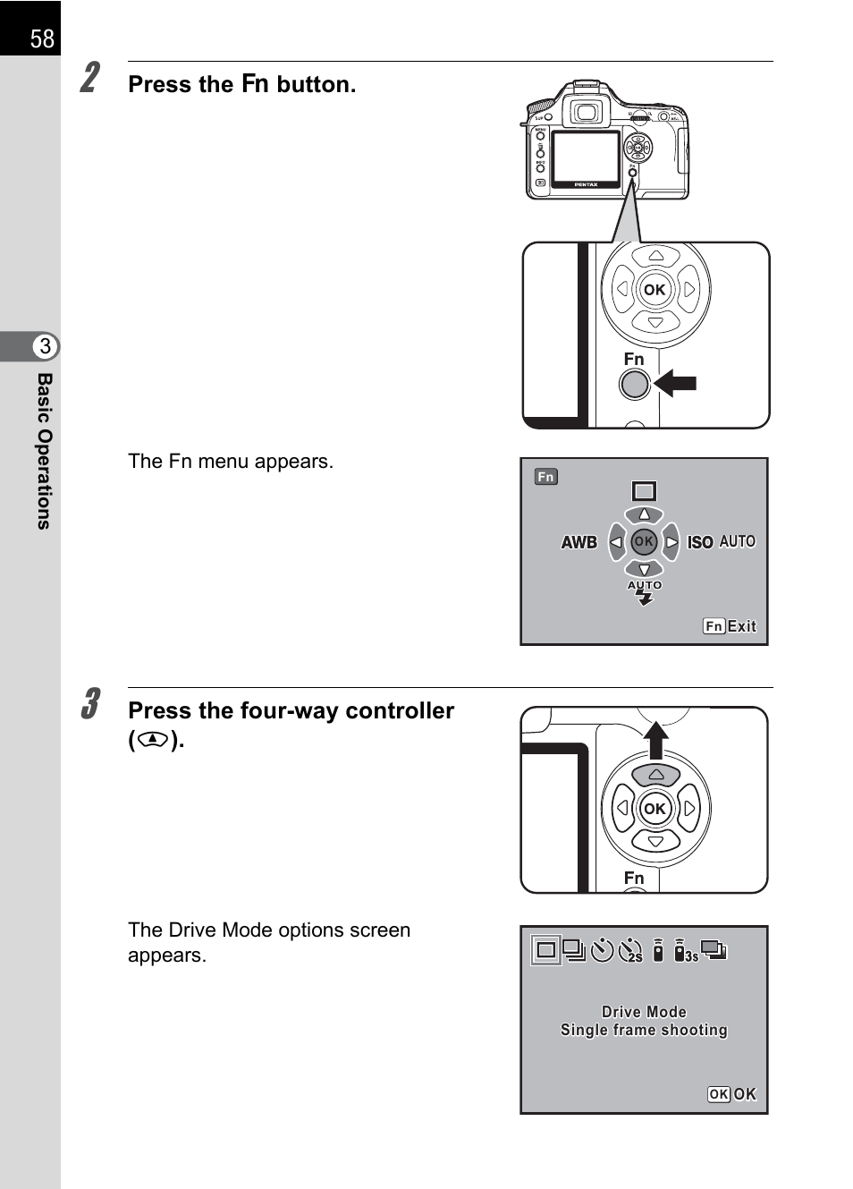 Press the { button, Press the four-way controller ( m ) | Pentax K110D User Manual | Page 60 / 216