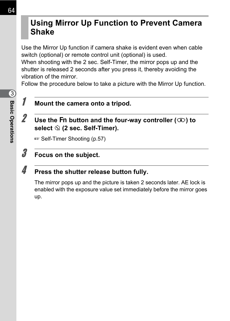 Using mirror up function to prevent camera shake | Pentax K110D User Manual | Page 66 / 216