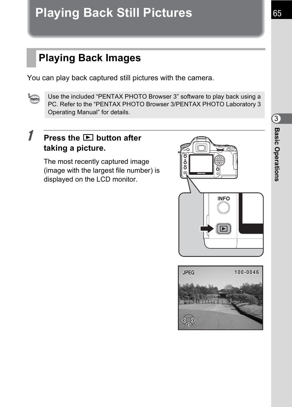 Playing back still pictures, Playing back images | Pentax K110D User Manual | Page 67 / 216