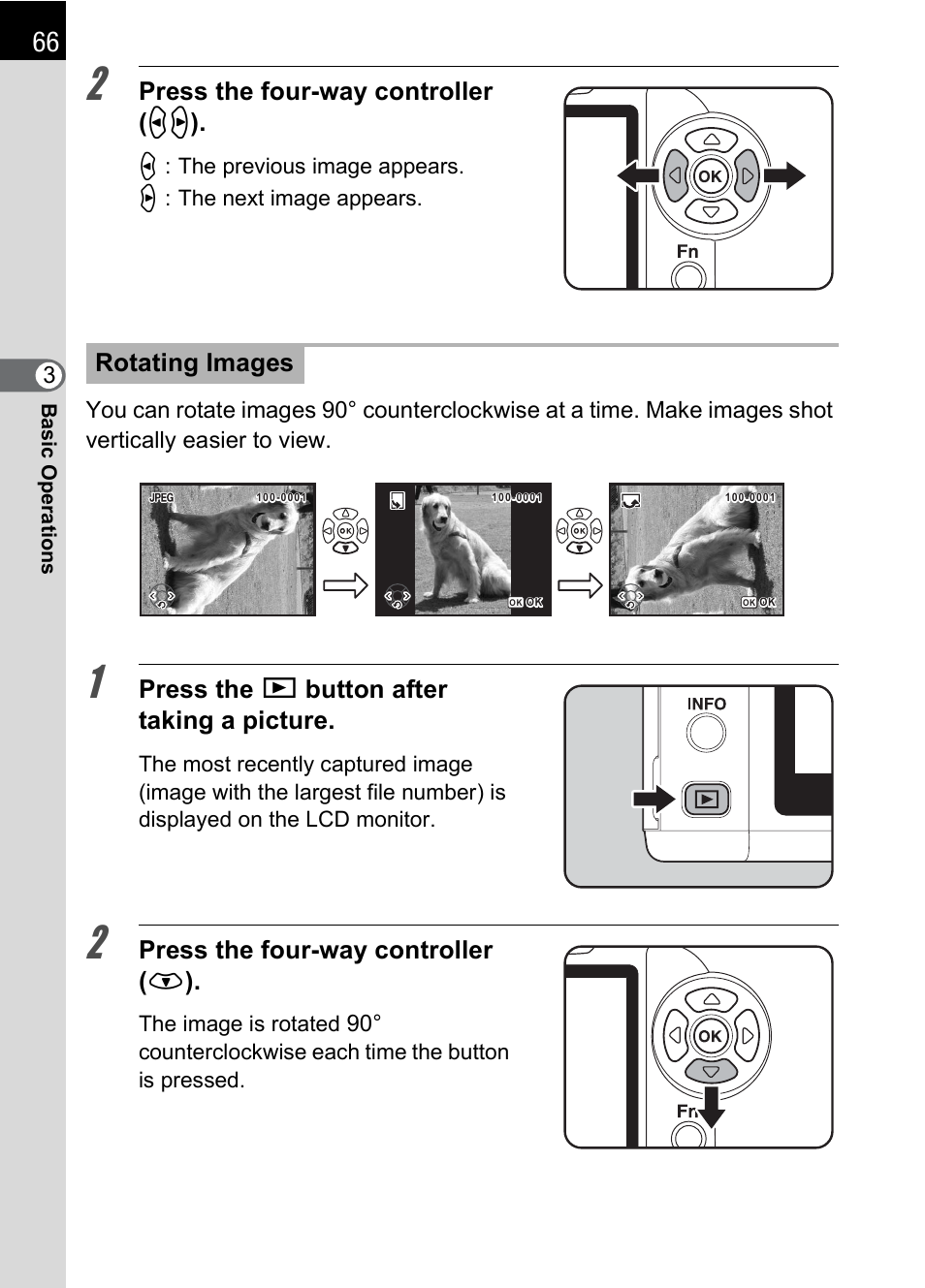 P.66), Press the four-way controller ( op ), Press the q button after taking a picture | Press the four-way controller ( n ), Rotating images | Pentax K110D User Manual | Page 68 / 216