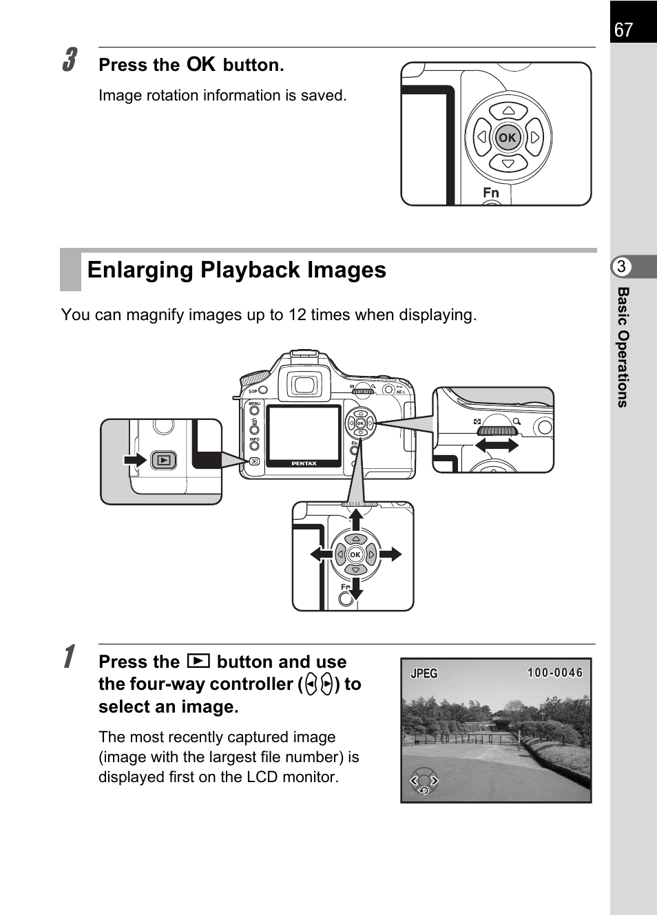 Enlarging playback images | Pentax K110D User Manual | Page 69 / 216