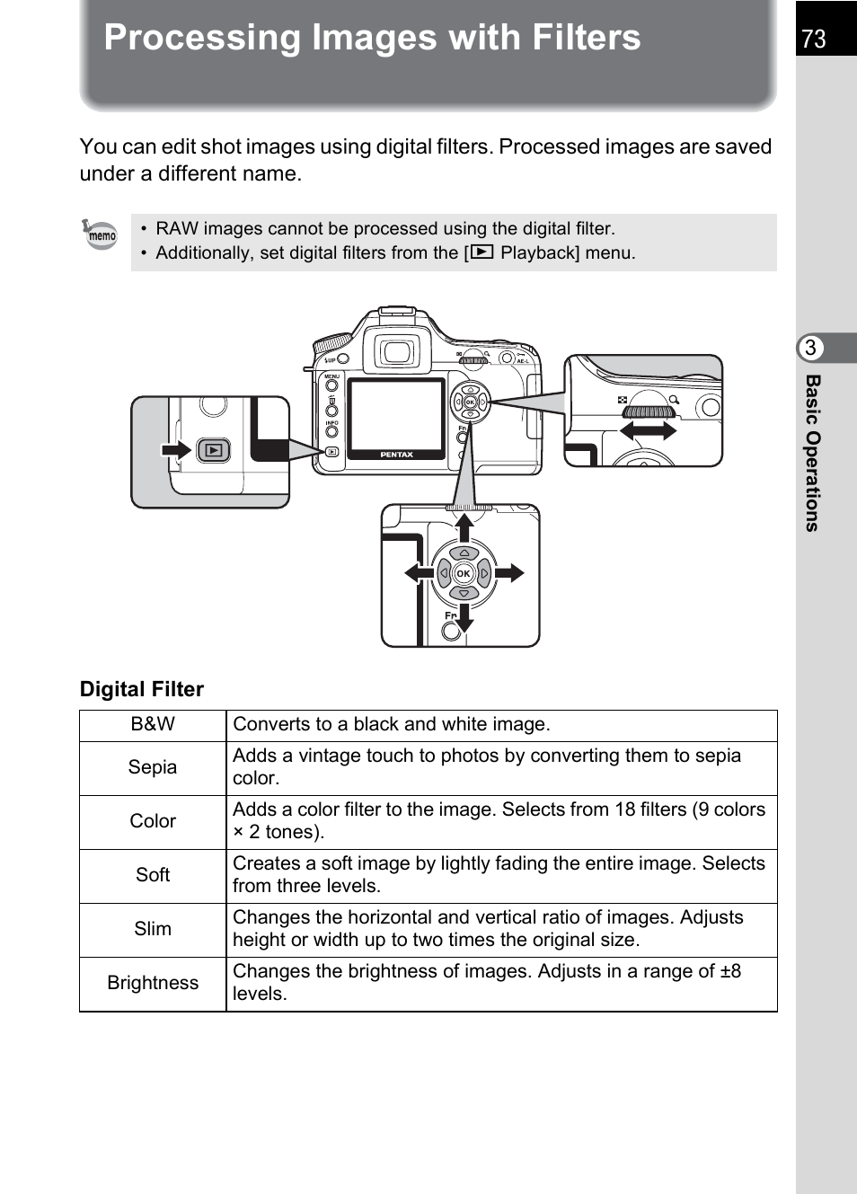 Processing images with filters | Pentax K110D User Manual | Page 75 / 216