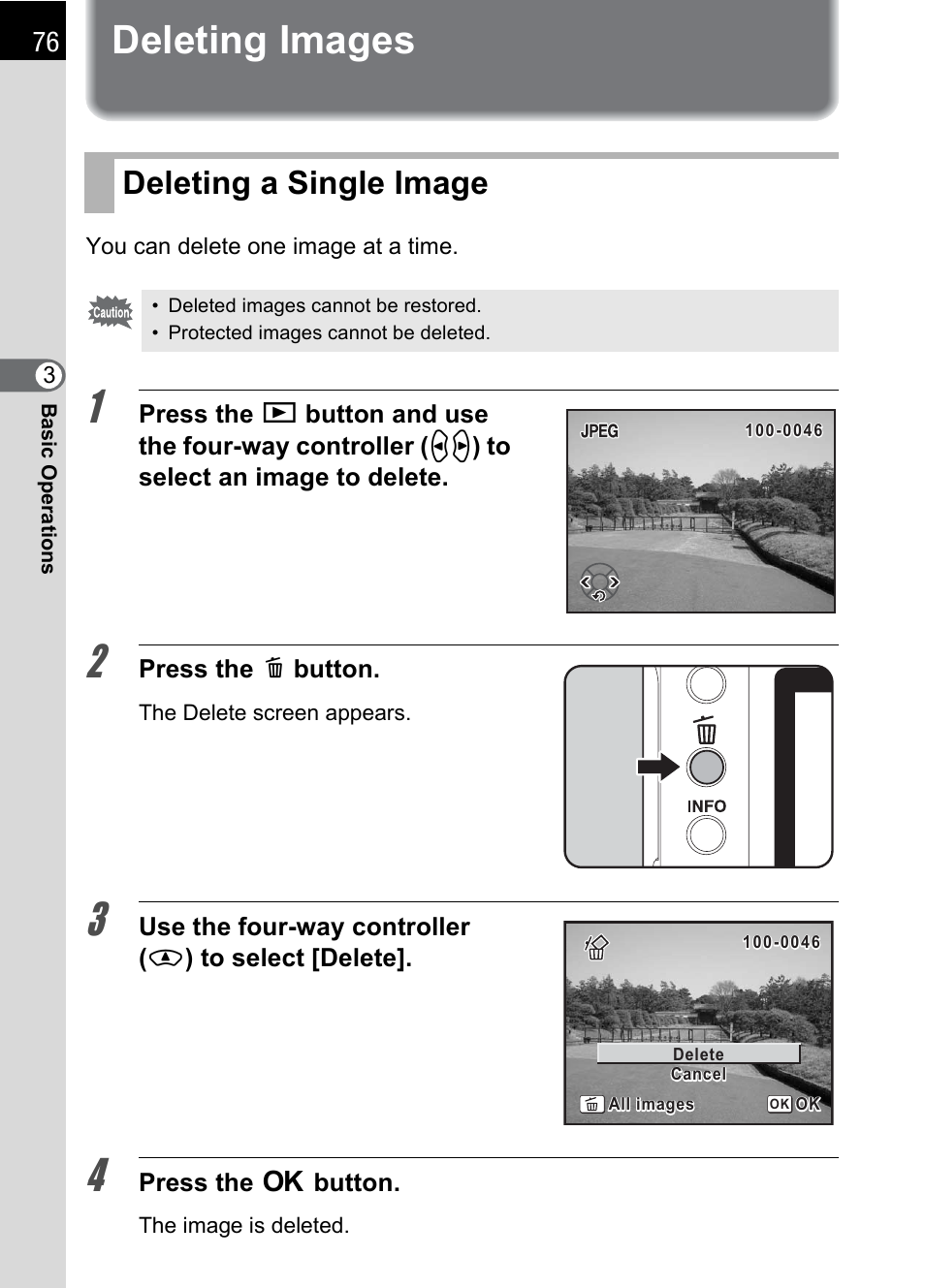 Deleting images, Deleting a single image, Deleting images (p.76) | Pentax K110D User Manual | Page 78 / 216