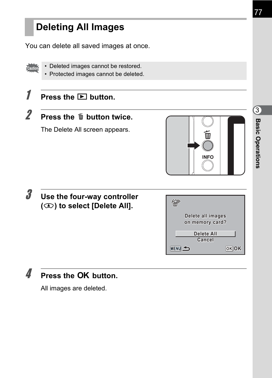 Deleting all images | Pentax K110D User Manual | Page 79 / 216