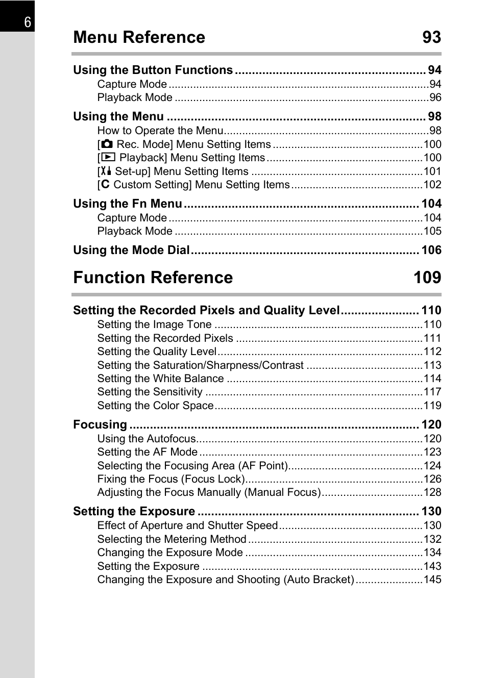 Menu reference 93, Function reference 109 | Pentax K110D User Manual | Page 8 / 216