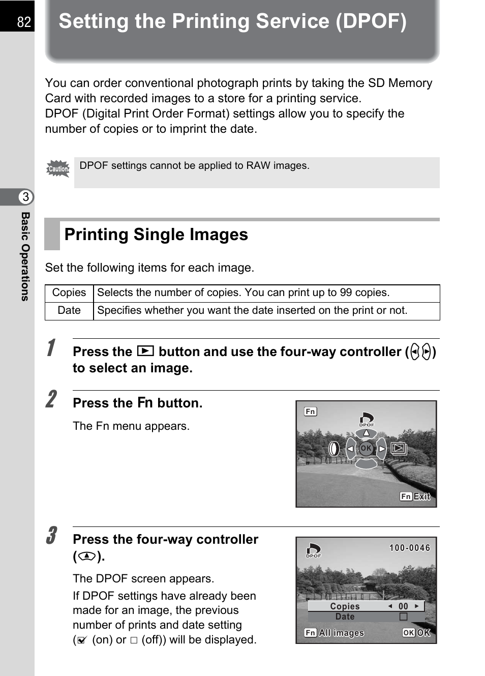 Setting the printing service (dpof), Printing single images, Press the { button | Press the four-way controller ( m ) | Pentax K110D User Manual | Page 84 / 216