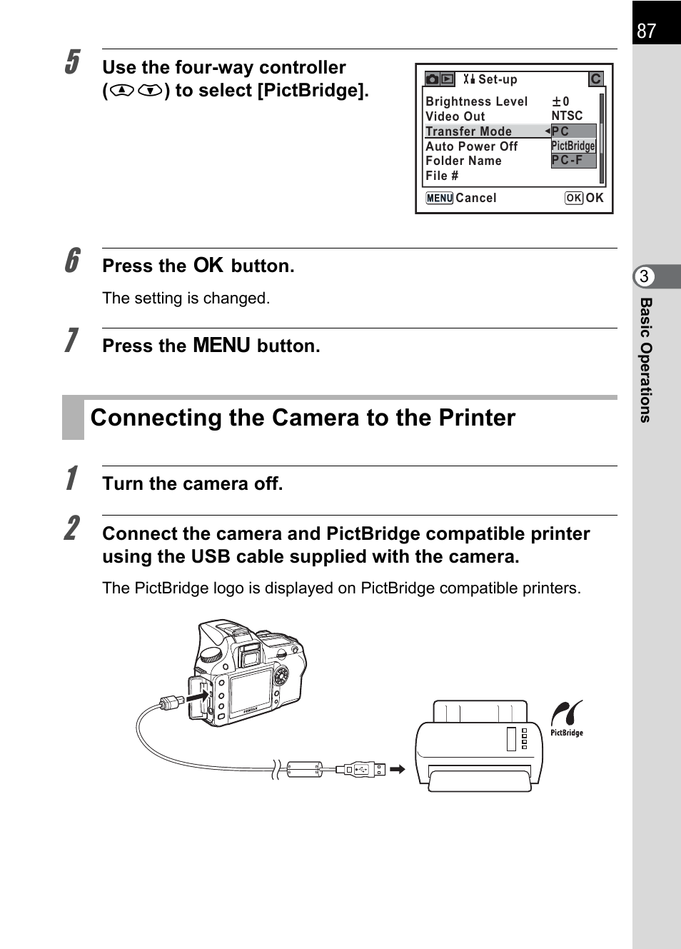 Connecting the camera to the printer, P.87 | Pentax K110D User Manual | Page 89 / 216