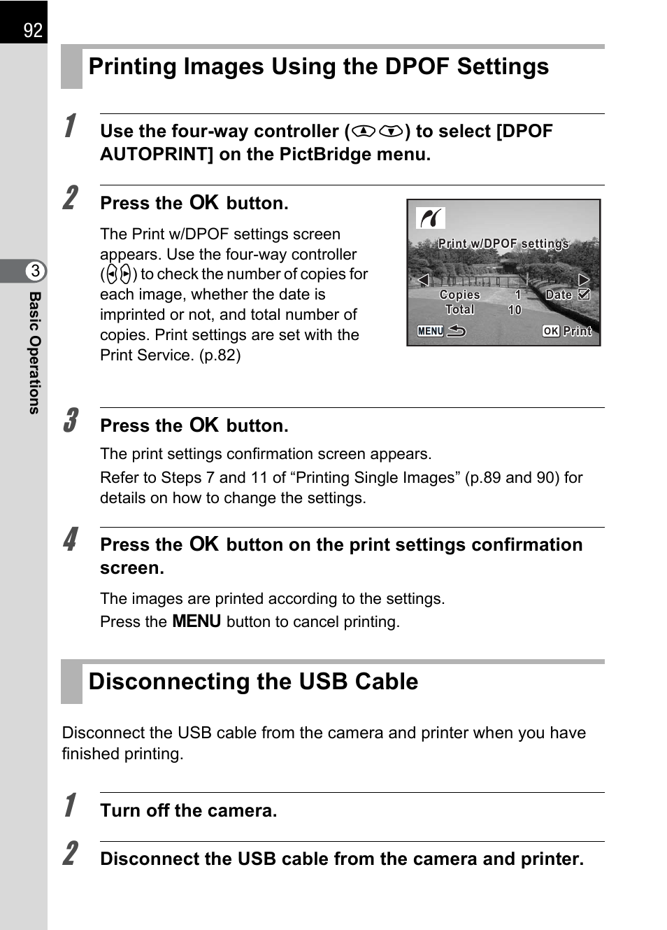 Printing images using the dpof settings, Disconnecting the usb cable, P.92) | Pentax K110D User Manual | Page 94 / 216