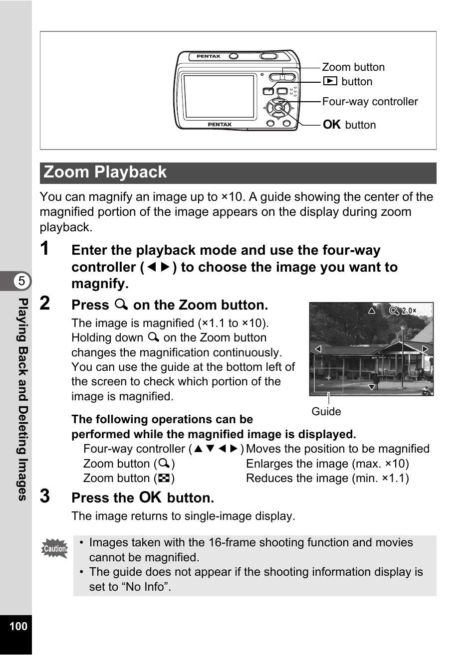 2 press y on the zoom button, 3 press the 4 button, Zoom playback | Is pressed. (p.100), Ng zoom display. (p.100) | Pentax Optio E60 User Manual | Page 102 / 181