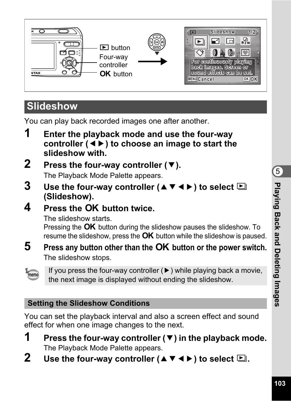 2 press the four-way controller (3), 4 press the 4 button twice, 2 use the four-way controller (2345) to select u | Slideshow, P.103 | Pentax Optio E60 User Manual | Page 105 / 181
