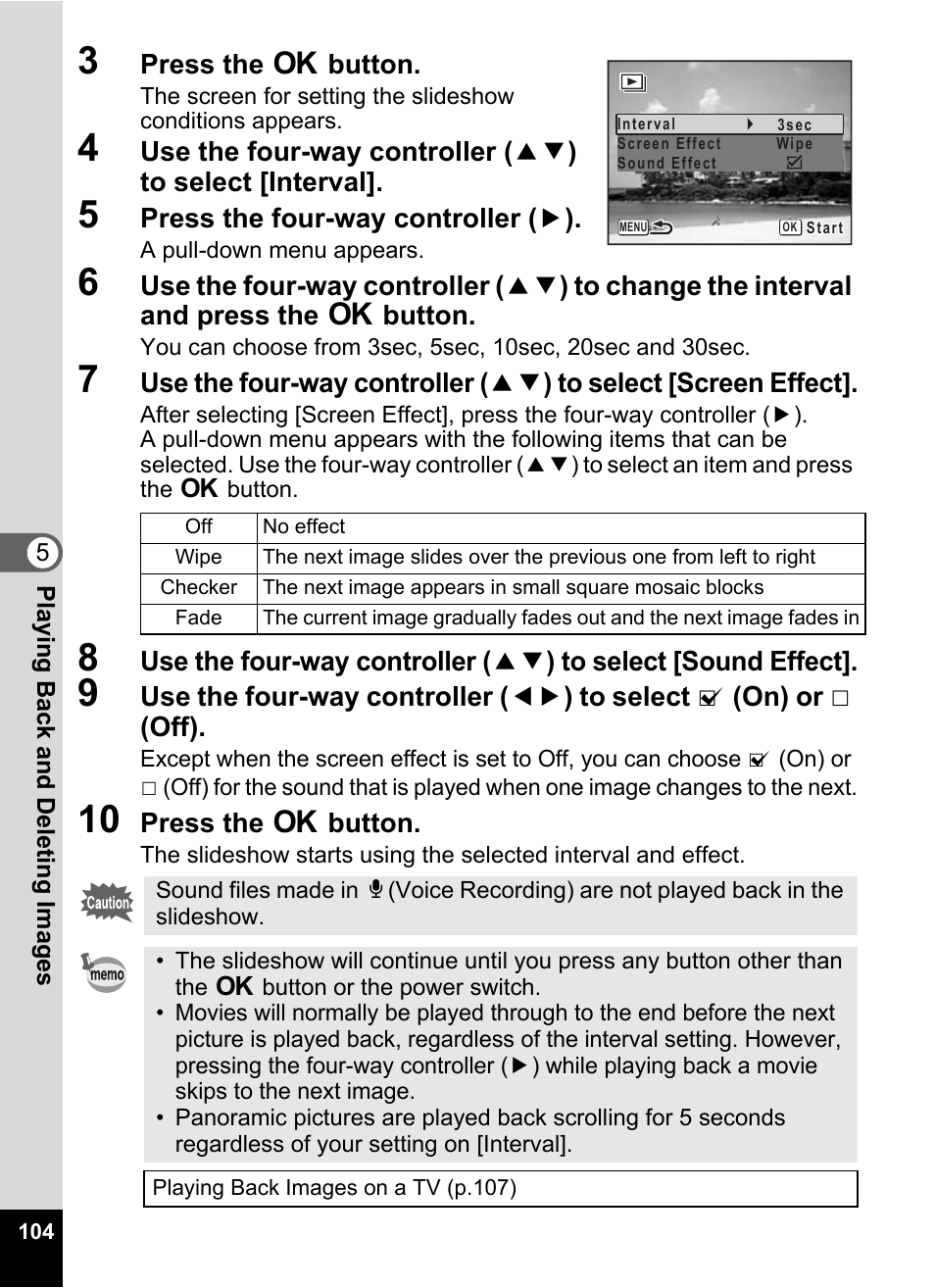 3 press the 4 button, 5 press the four-way controller (5), 10 press the 4 button | Pentax Optio E60 User Manual | Page 106 / 181