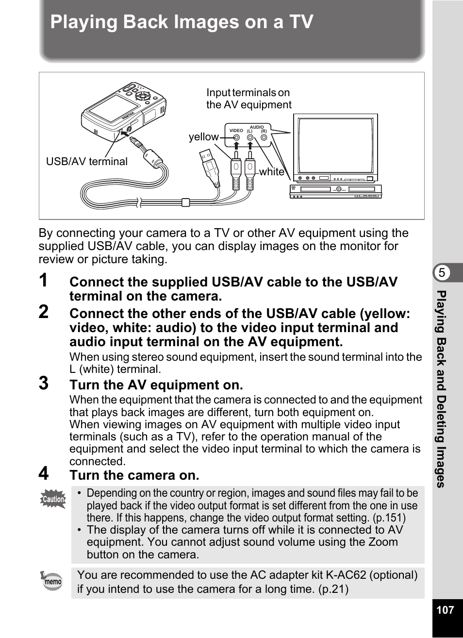 Playing back images on a tv, 3 turn the av equipment on, 4 turn the camera on | Pentax Optio E60 User Manual | Page 109 / 181
