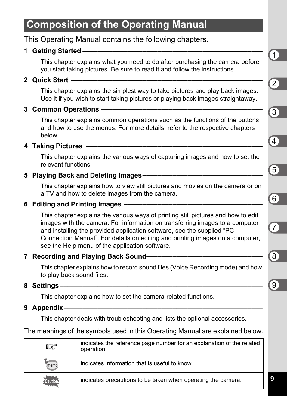 1 getting started, 2 quick start, 3 common operations | 4 taking pictures, 5 playing back and deleting images, 6 editing and printing images, 7 recording and playing back sound, 8 settings, 9 appendix, Composition of the operating manual | Pentax Optio E60 User Manual | Page 11 / 181