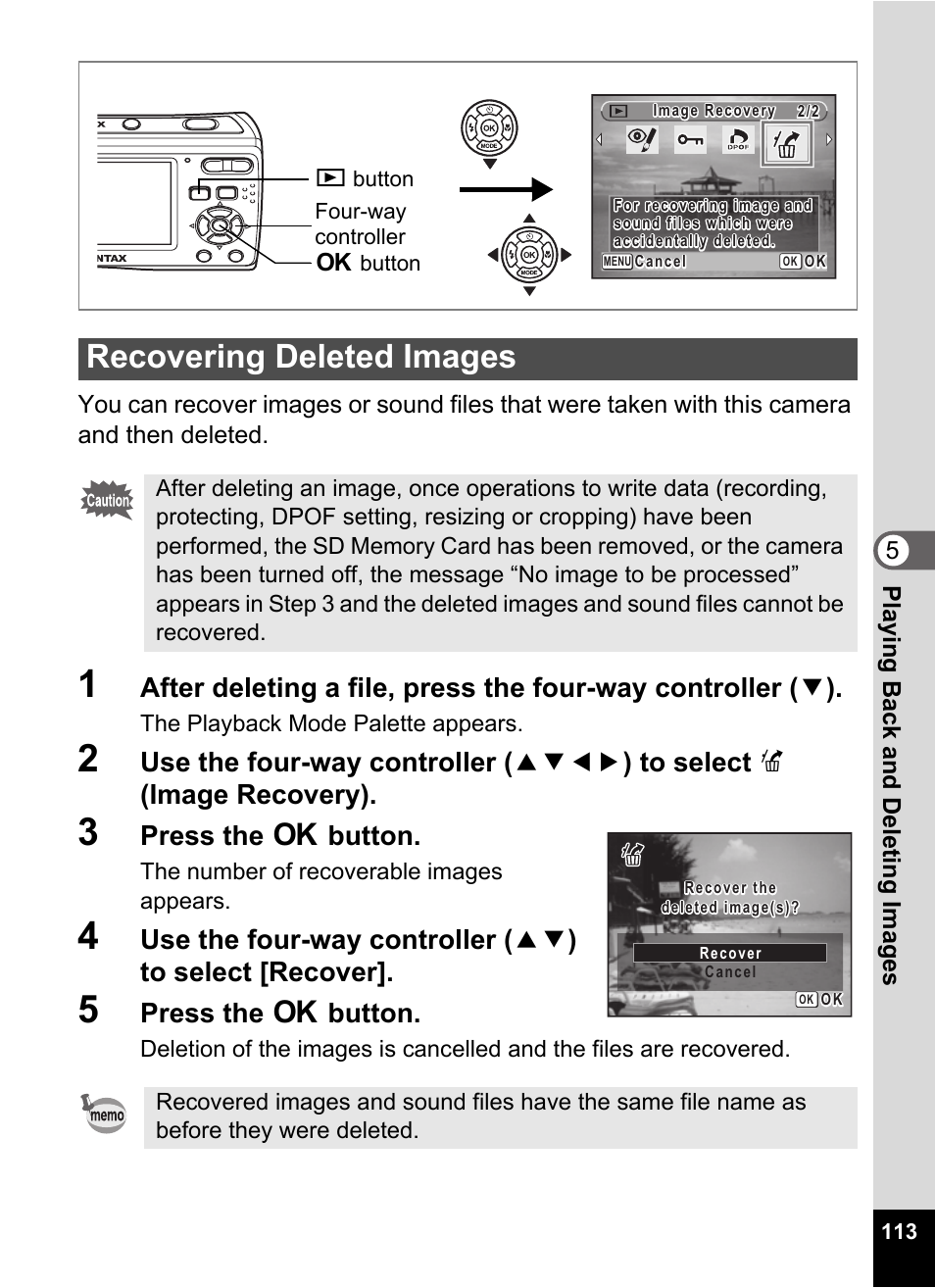 3 press the 4 button, 5 press the 4 button, Recovering deleted images | P.113, Press the 4 button | Pentax Optio E60 User Manual | Page 115 / 181