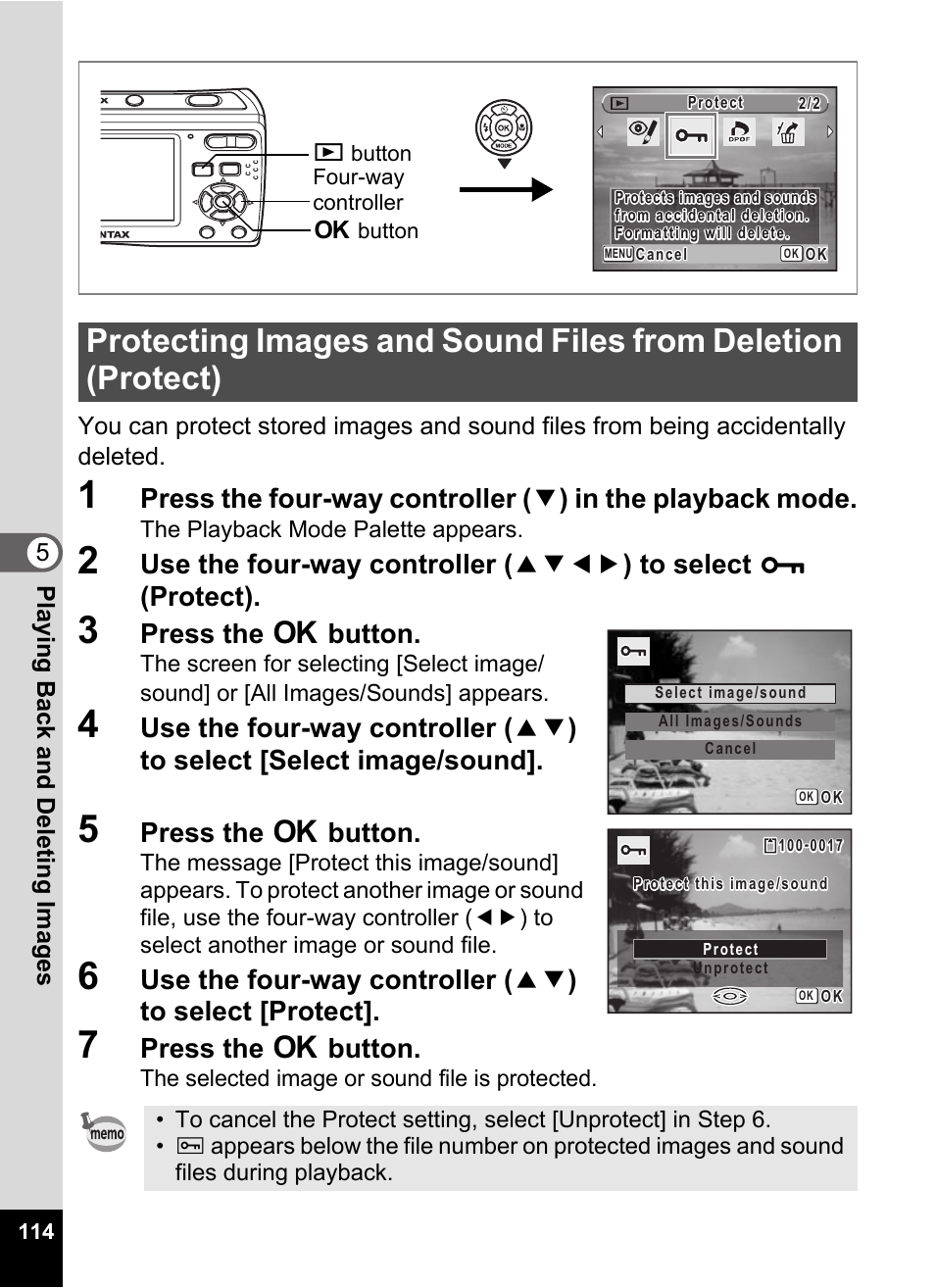 3 press the 4 button, 5 press the 4 button, 7 press the 4 button | Protect icon (p.114), P.114, Press the 4 button | Pentax Optio E60 User Manual | Page 116 / 181