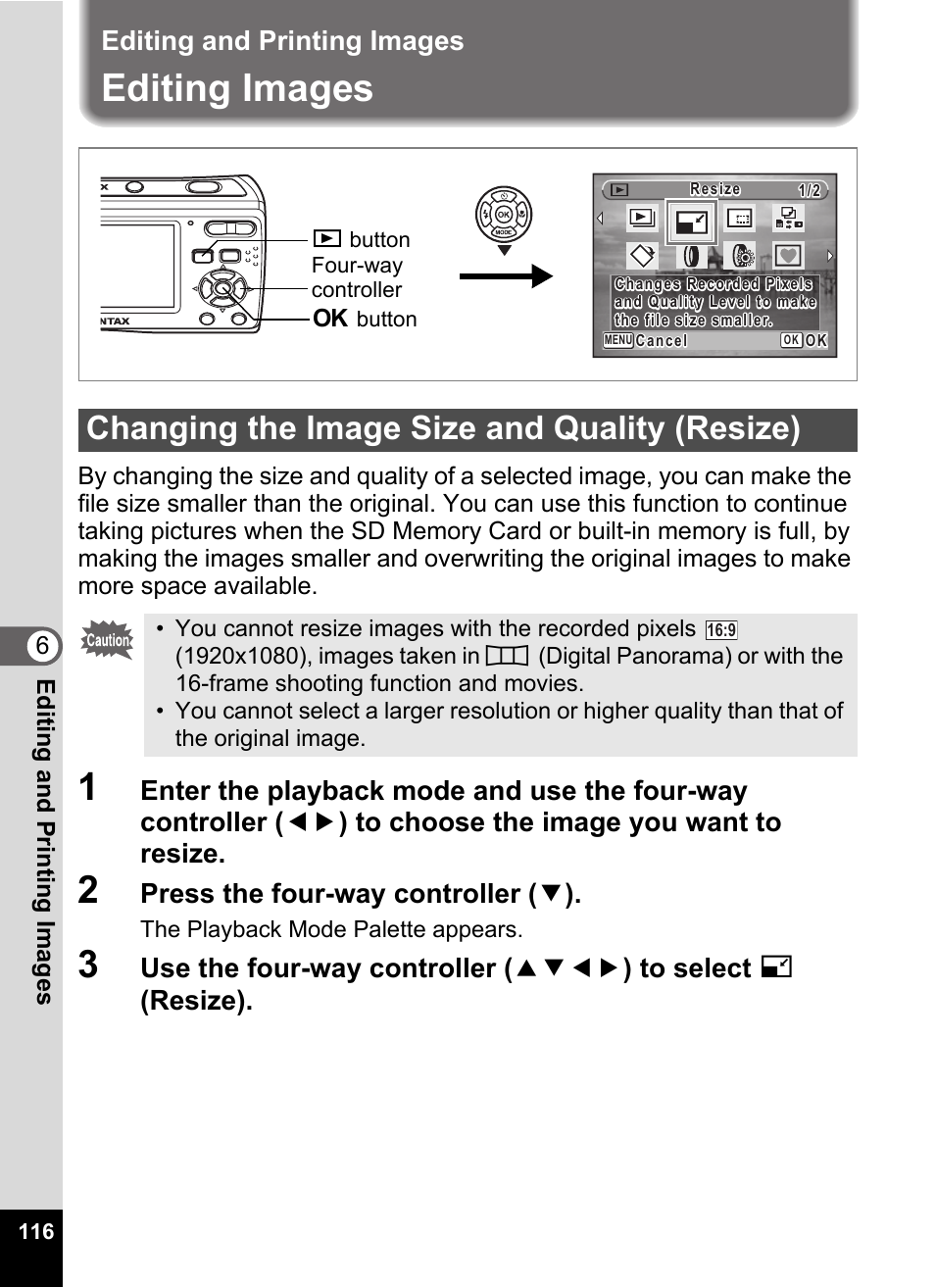 Editing and printing images, Editing images, 2 press the four-way controller (3) | Changing the image size and quality (resize), P.116, Press the four-way controller ( 3 ) | Pentax Optio E60 User Manual | Page 118 / 181