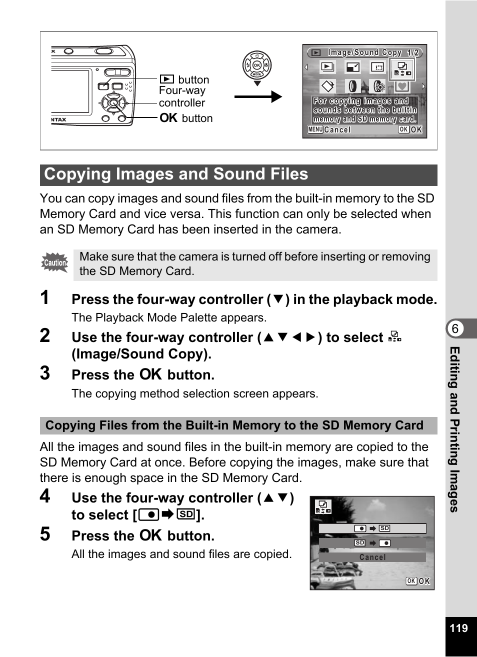 3 press the 4 button, 4 use the four-way controller (23) to select [f, 5 press the 4 button | Copying images and sound files, P.119, Press the 4 button, Use the four-way controller ( 23 ) to select [ f | Pentax Optio E60 User Manual | Page 121 / 181