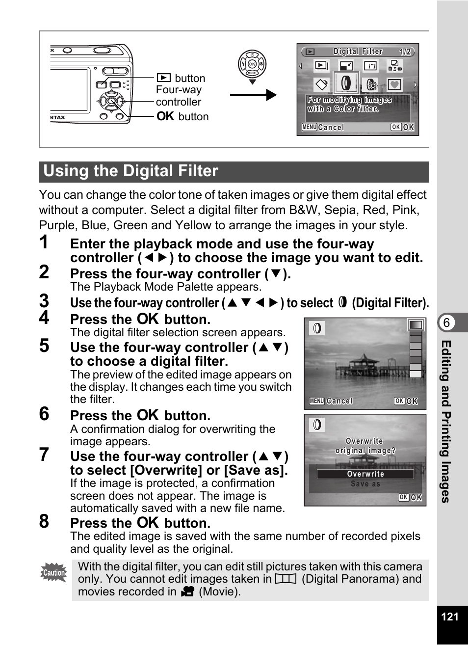 2 press the four-way controller (3), 4 press the 4 button, 6 press the 4 button | 8 press the 4 button, Using the digital filter, P.121, Press the four-way controller ( 3 ), Press the 4 button | Pentax Optio E60 User Manual | Page 123 / 181