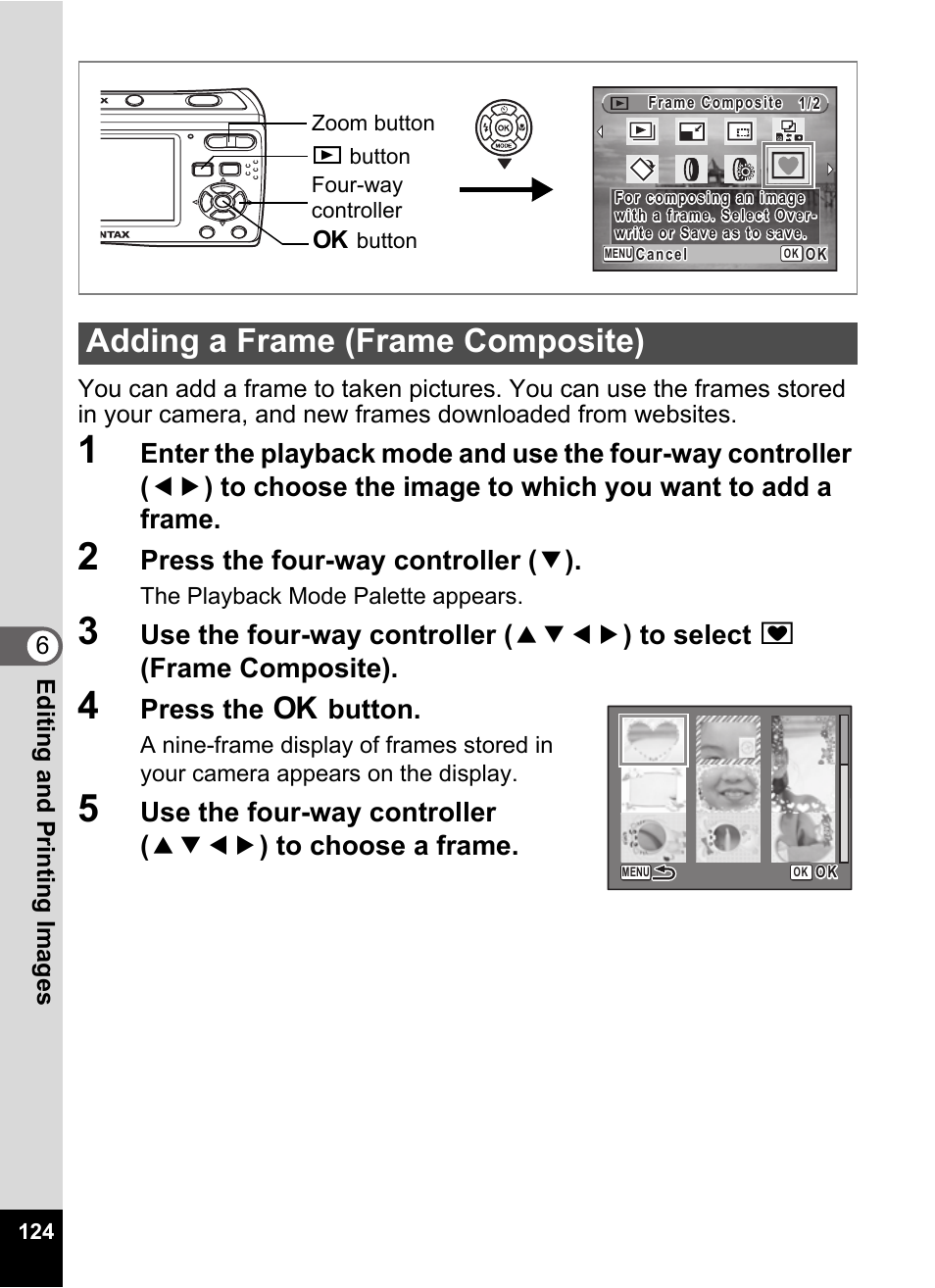 2 press the four-way controller (3), 4 press the 4 button, Adding a frame (frame composite) | Function. (p.124), P.124, Press the four-way controller ( 3 ), Press the 4 button | Pentax Optio E60 User Manual | Page 126 / 181