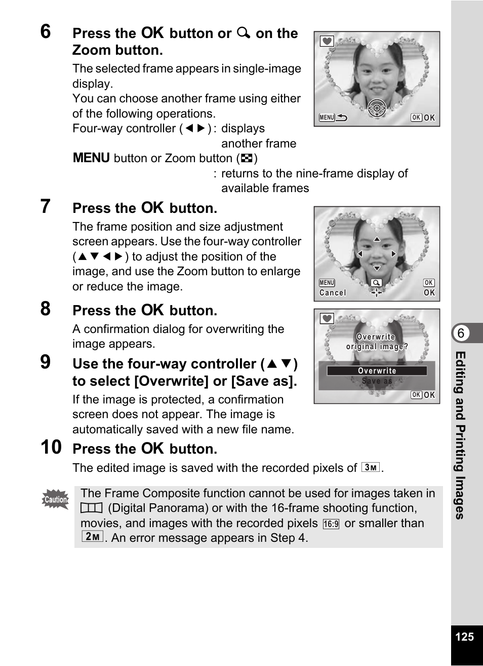 6 press the 4 button or y on the zoom button, 7 press the 4 button, 8 press the 4 button | 10 press the 4 button, Press the 4 button or y on the zoom button, Press the 4 button | Pentax Optio E60 User Manual | Page 127 / 181