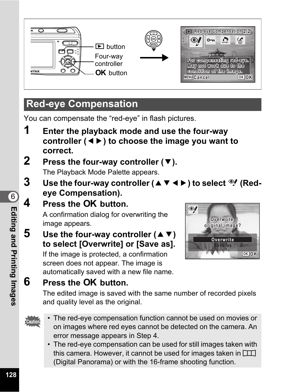 2 press the four-way controller (3), 4 press the 4 button, 6 press the 4 button | Red-eye compensation, P.128, Press the four-way controller ( 3 ), Press the 4 button | Pentax Optio E60 User Manual | Page 130 / 181