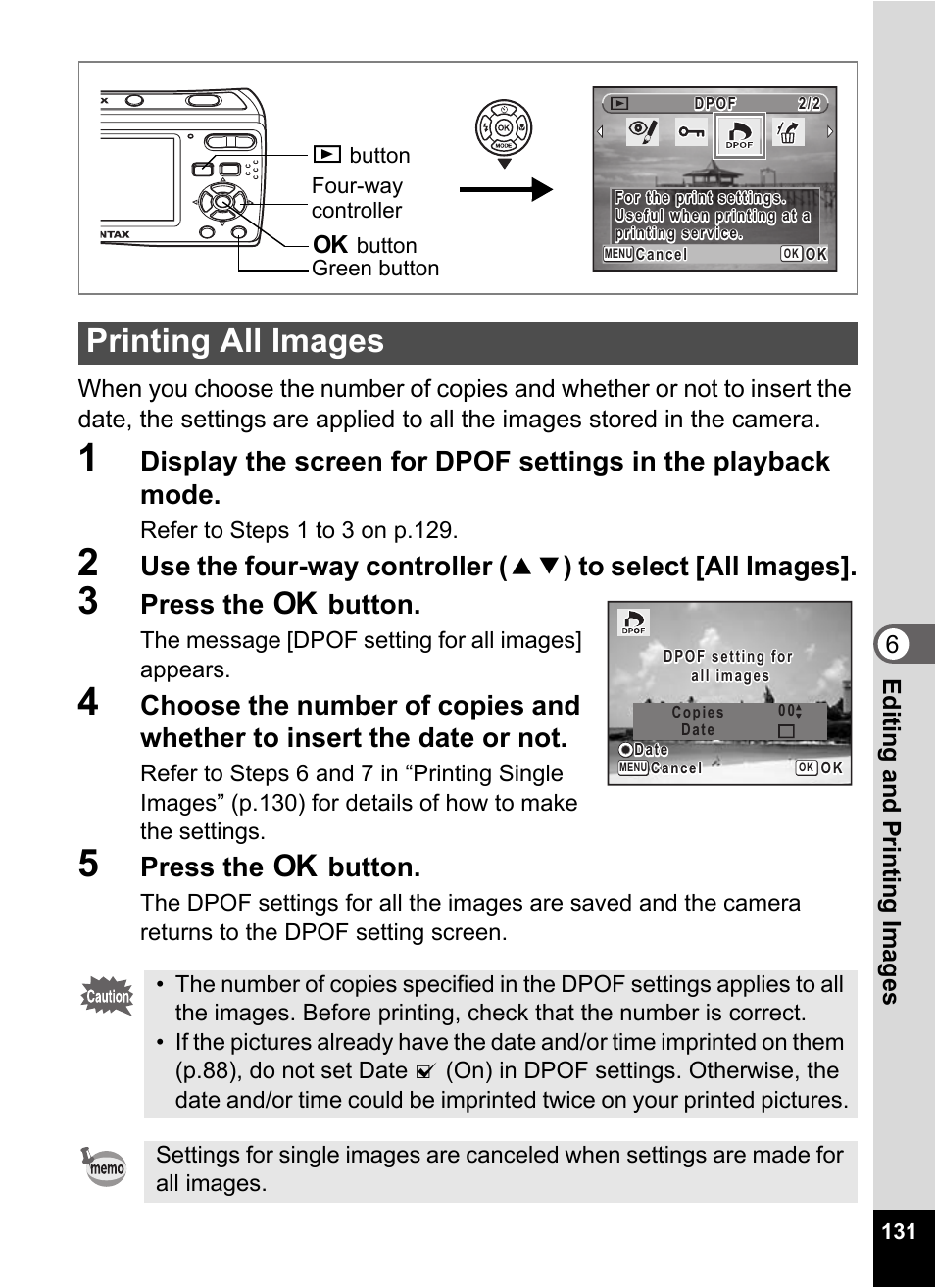 3 press the 4 button, 5 press the 4 button, Printing all images | Press the 4 button | Pentax Optio E60 User Manual | Page 133 / 181
