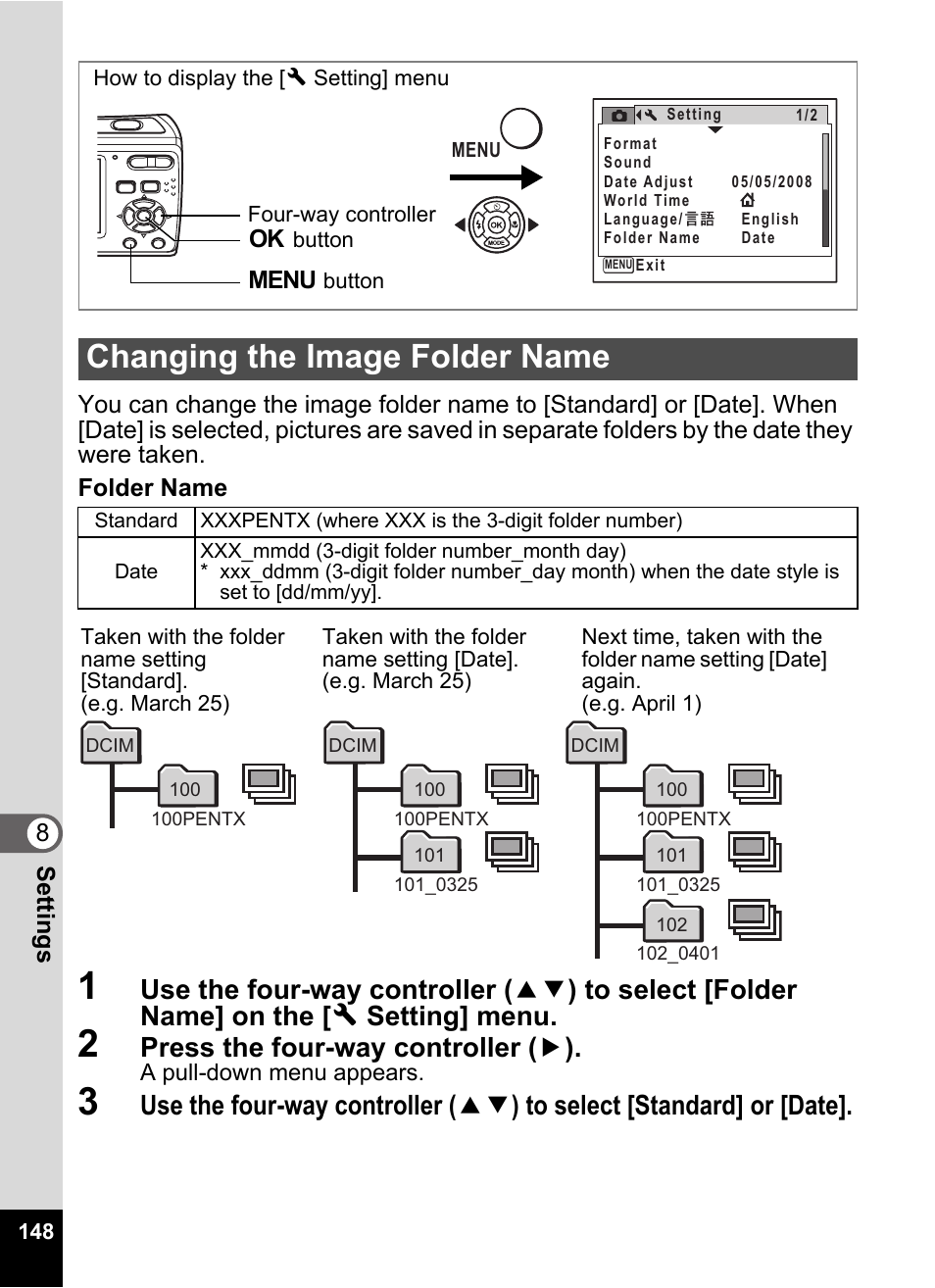 2 press the four-way controller (5), Changing the image folder name, Folder number (p.148) | P.148, Press the four-way controller ( 5 ) | Pentax Optio E60 User Manual | Page 150 / 181