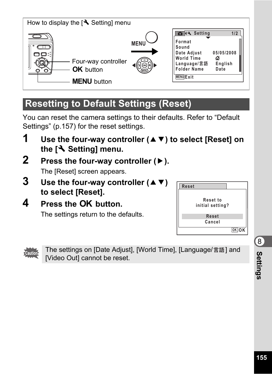 2 press the four-way controller (5), 4 press the 4 button, Resetting to default settings (reset) | P.155, Press the four-way controller ( 5 ), Press the 4 button | Pentax Optio E60 User Manual | Page 157 / 181