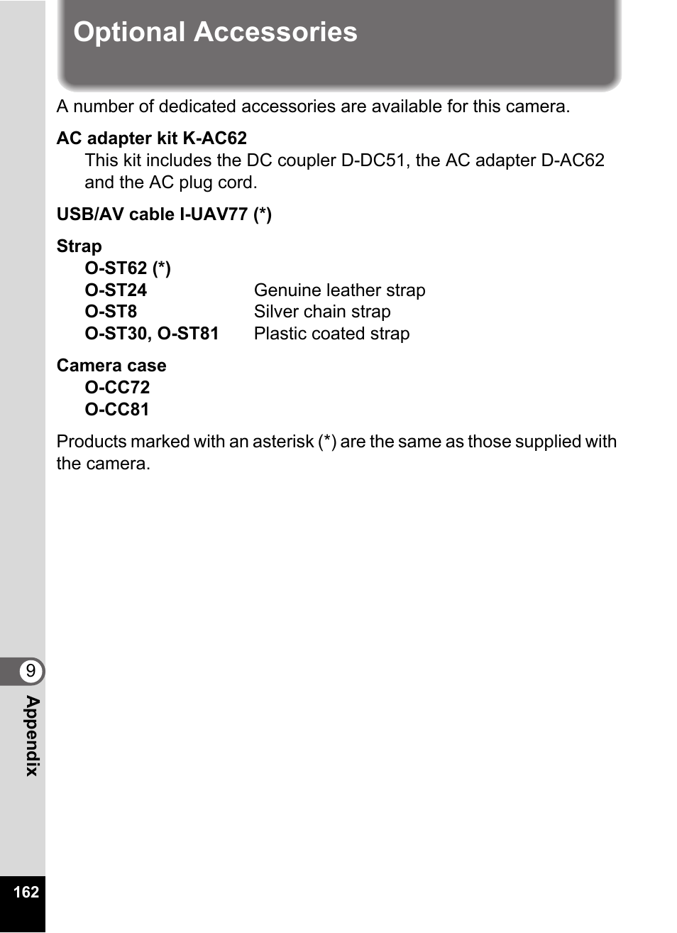 Optional accessories | Pentax Optio E60 User Manual | Page 164 / 181