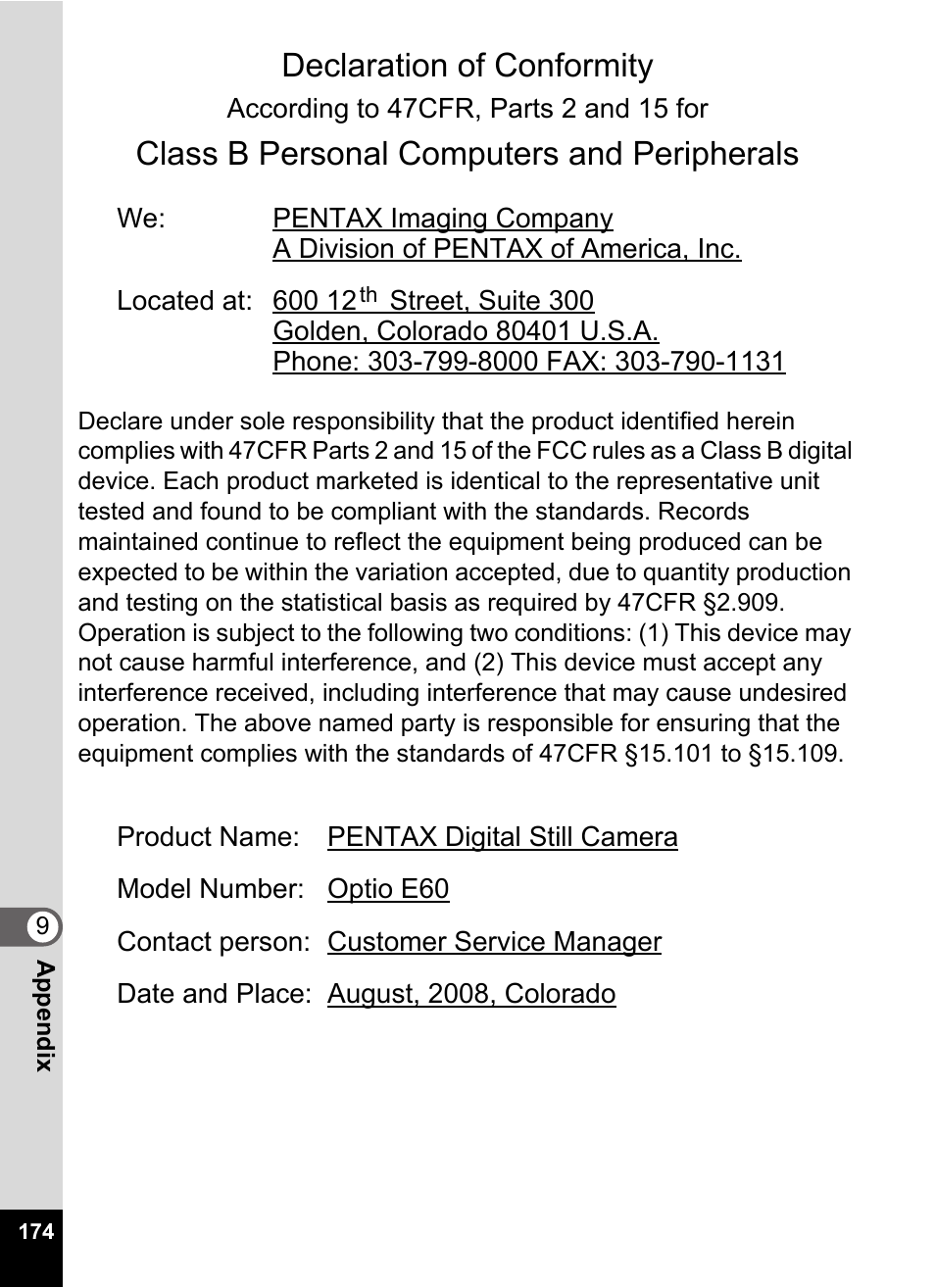 Declaration of conformity, Class b personal computers and peripherals | Pentax Optio E60 User Manual | Page 176 / 181