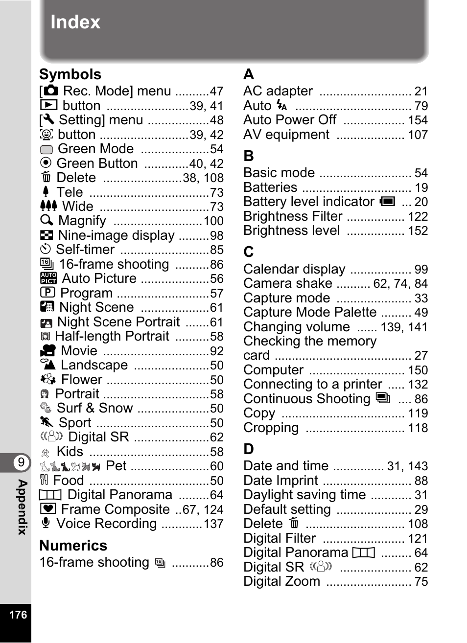 Index | Pentax Optio E60 User Manual | Page 178 / 181