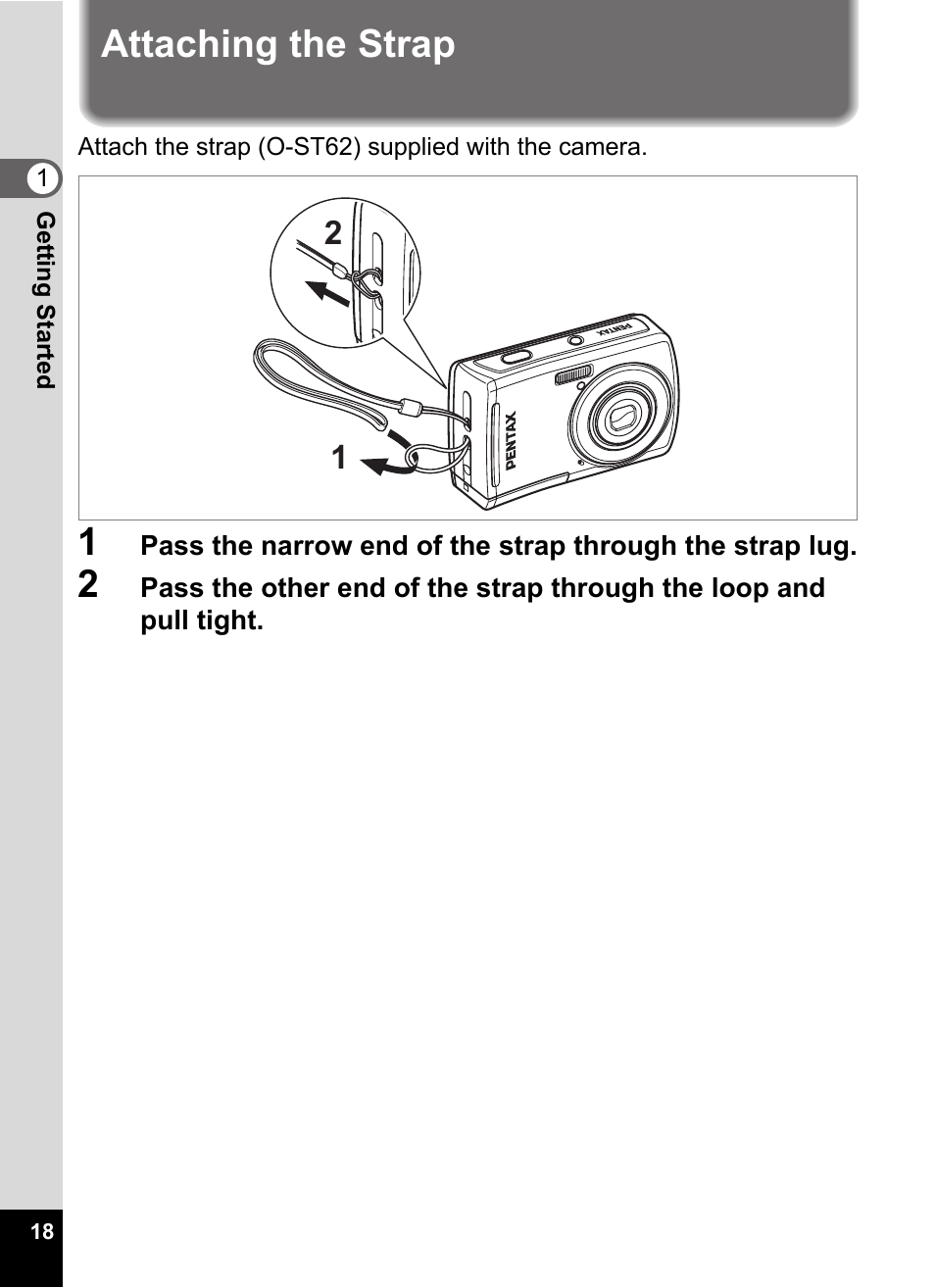 Attaching the strap | Pentax Optio E60 User Manual | Page 20 / 181