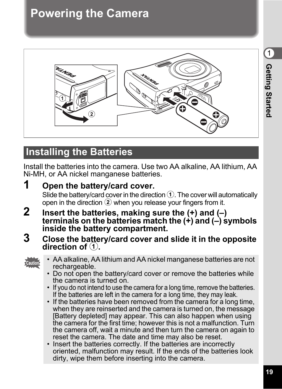 Powering the camera, 1 open the battery/card cover, Installing the batteries | Pentax Optio E60 User Manual | Page 21 / 181