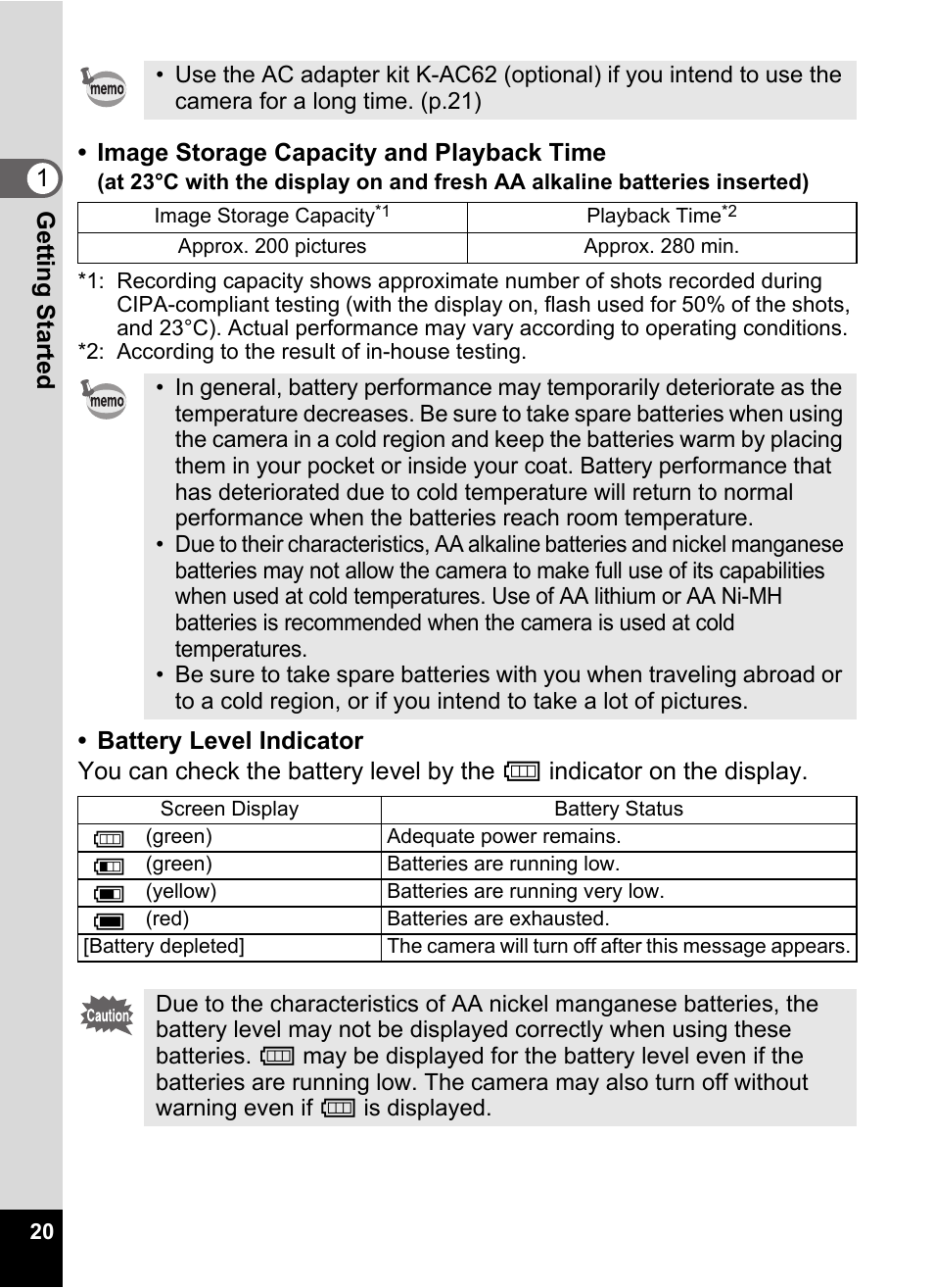 Battery level indicator (p.20) | Pentax Optio E60 User Manual | Page 22 / 181