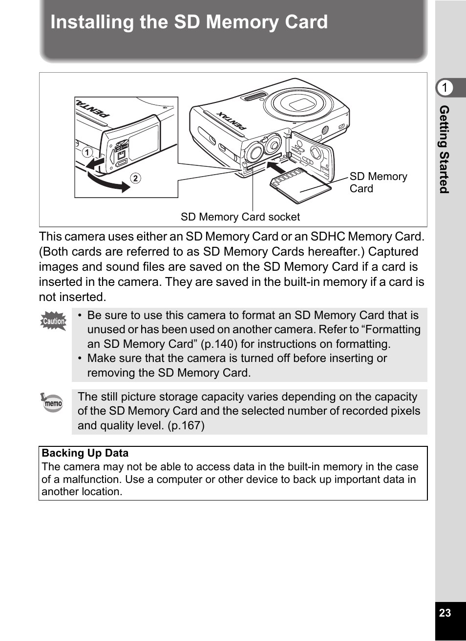 Installing the sd memory card | Pentax Optio E60 User Manual | Page 25 / 181