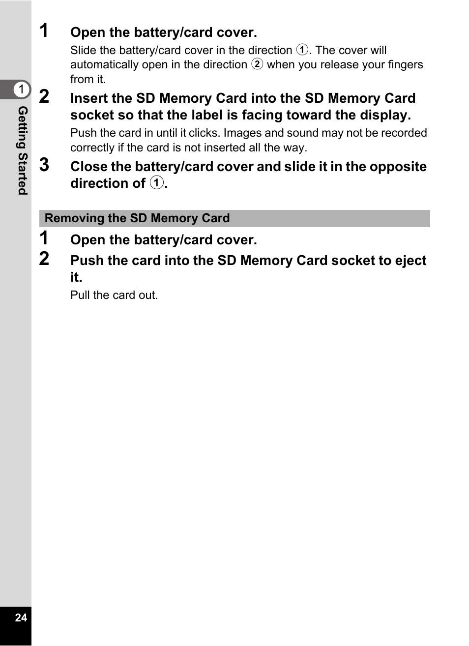 1 open the battery/card cover | Pentax Optio E60 User Manual | Page 26 / 181