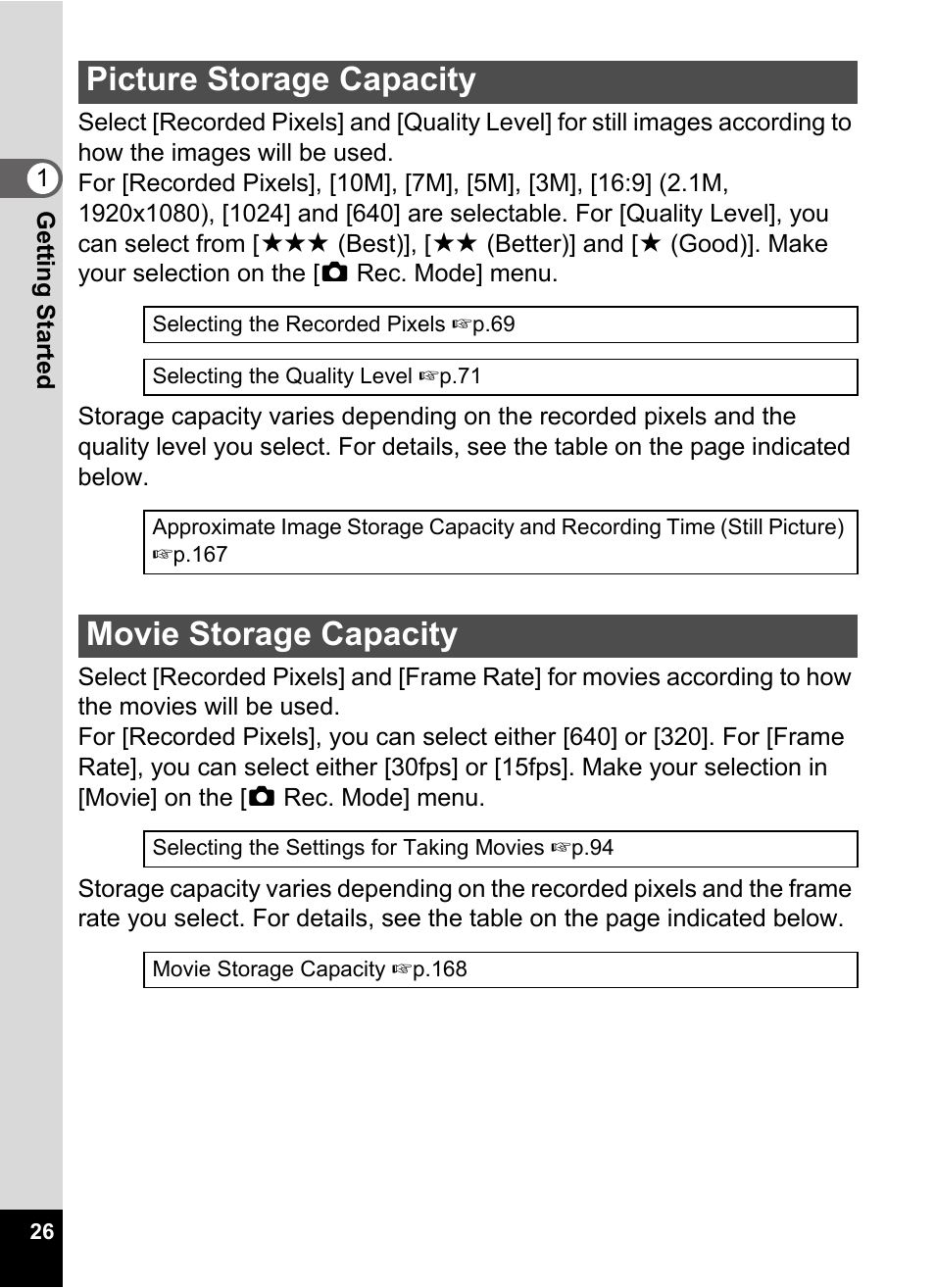 Picture storage capacity movie storage capacity, Picture storage capacity, Movie storage capacity | Pentax Optio E60 User Manual | Page 28 / 181