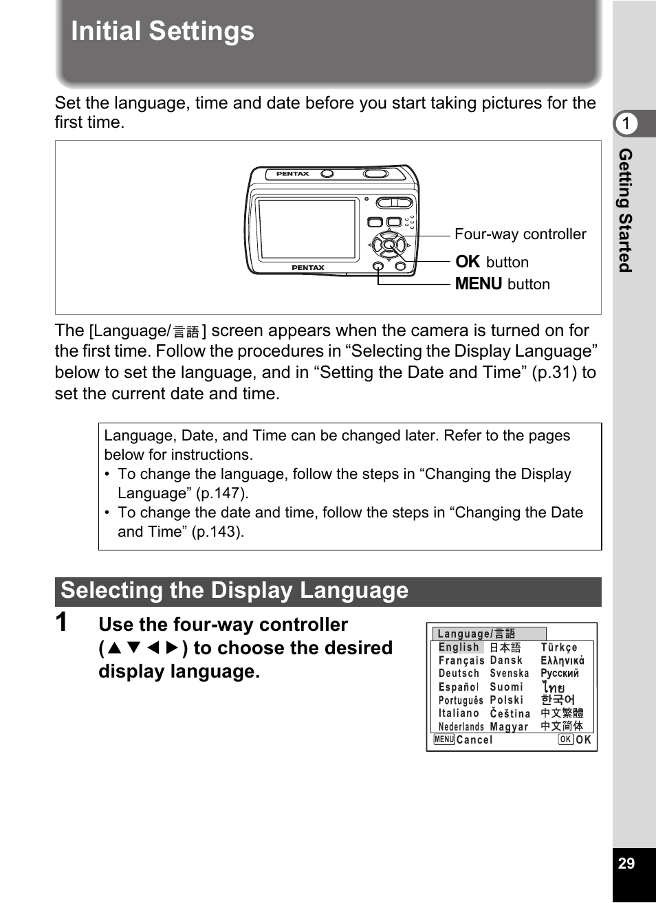 Initial settings, Selecting the display language | Pentax Optio E60 User Manual | Page 31 / 181
