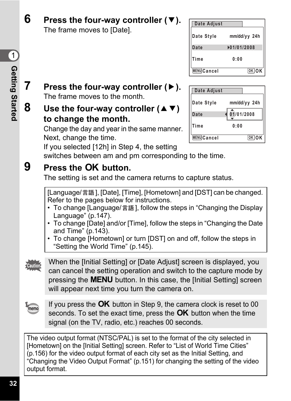 6 press the four-way controller (3), 7 press the four-way controller (5), 9 press the 4 button | Press the four-way controller ( 3 ), Press the four-way controller ( 5 ), Press the 4 button, 1getting started | Pentax Optio E60 User Manual | Page 34 / 181