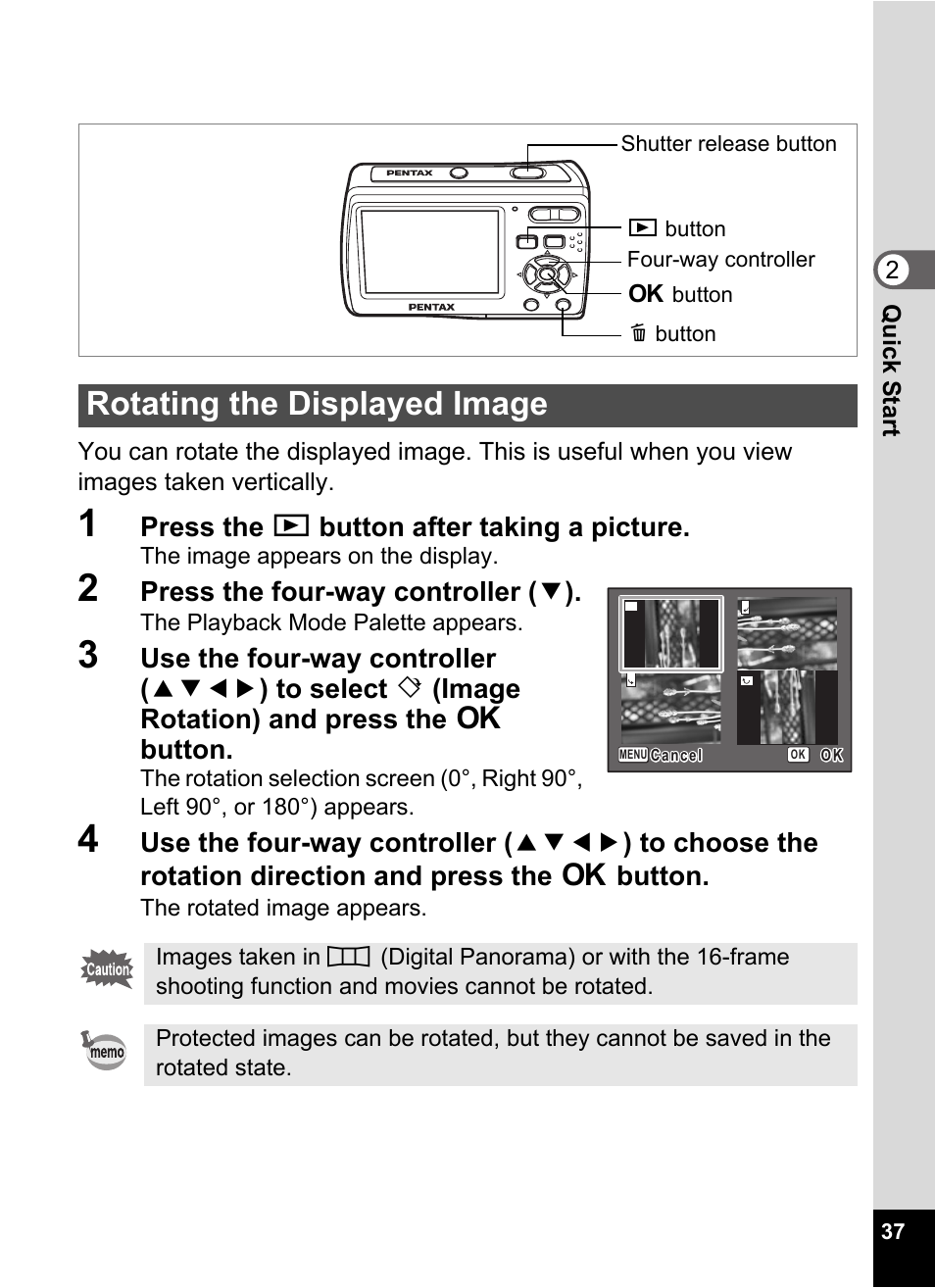 1 press the q button after taking a picture, 2 press the four-way controller (3), Rotating the displayed image | Press the q button after taking a picture, Press the four-way controller ( 3 ) | Pentax Optio E60 User Manual | Page 39 / 181